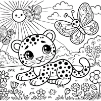 Coloring of a leopard playing with butterflies