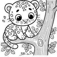 Coloring of a little cartoon leopard on a tree