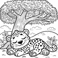 Coloring of a cartoon leopard napping under a big tree