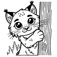 Curious Lynx Behind a Tree Coloring Page