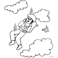 Happy parachutist free-falling, surrounded by clouds and a bird.