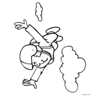 Parachutist in freefall, arms stretched forward, surrounded by clouds.