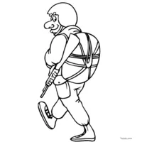 Parachutist walking with a folded parachute on their back and a confident smile.