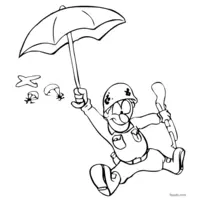 Parachutist holding an umbrella as a parachute, jumping with a rifle.