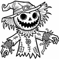 Scary scarecrow with a crooked smile and a torn hat