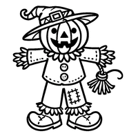 Scarecrow with a decorated pumpkin and a crooked smile