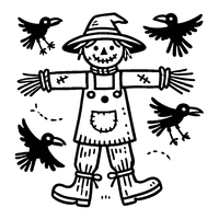 Scarecrow with raised arms and flying crows around it