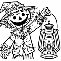 Scarecrow holding an old lantern and smiling mischievously