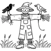 Scarecrow with outstretched arms and perched crows