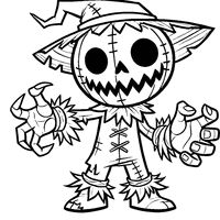 Scarecrow with skeletal hands and a menacing smile