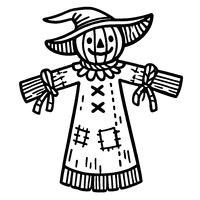 Scarecrow with a large witch hat and wooden arms