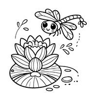 Water-lily flower with a dragonfly in flight