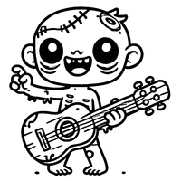 Zombie coloring playing guitar with a big smile