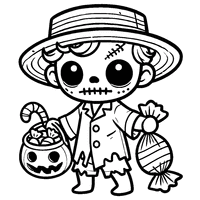 Zombie coloring with a straw hat and a bag of candies